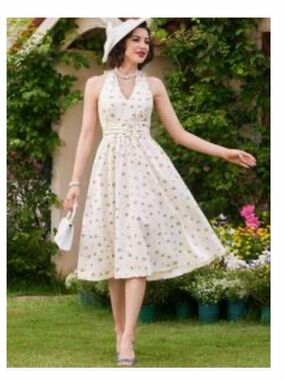 SHEIN White Halter Midi Dress with Multicolor Floral Dots